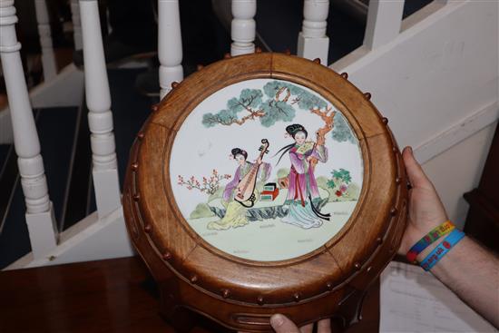 A Chinese hardwood porcelain inset stool W.40cm